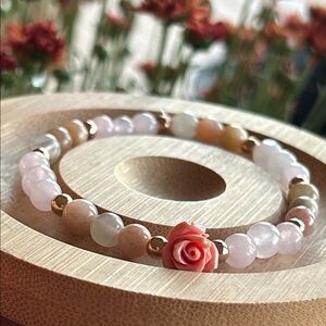Handmade Rose Quartz + Peach Moonstone Beaded Bracelet with Rose Charm *